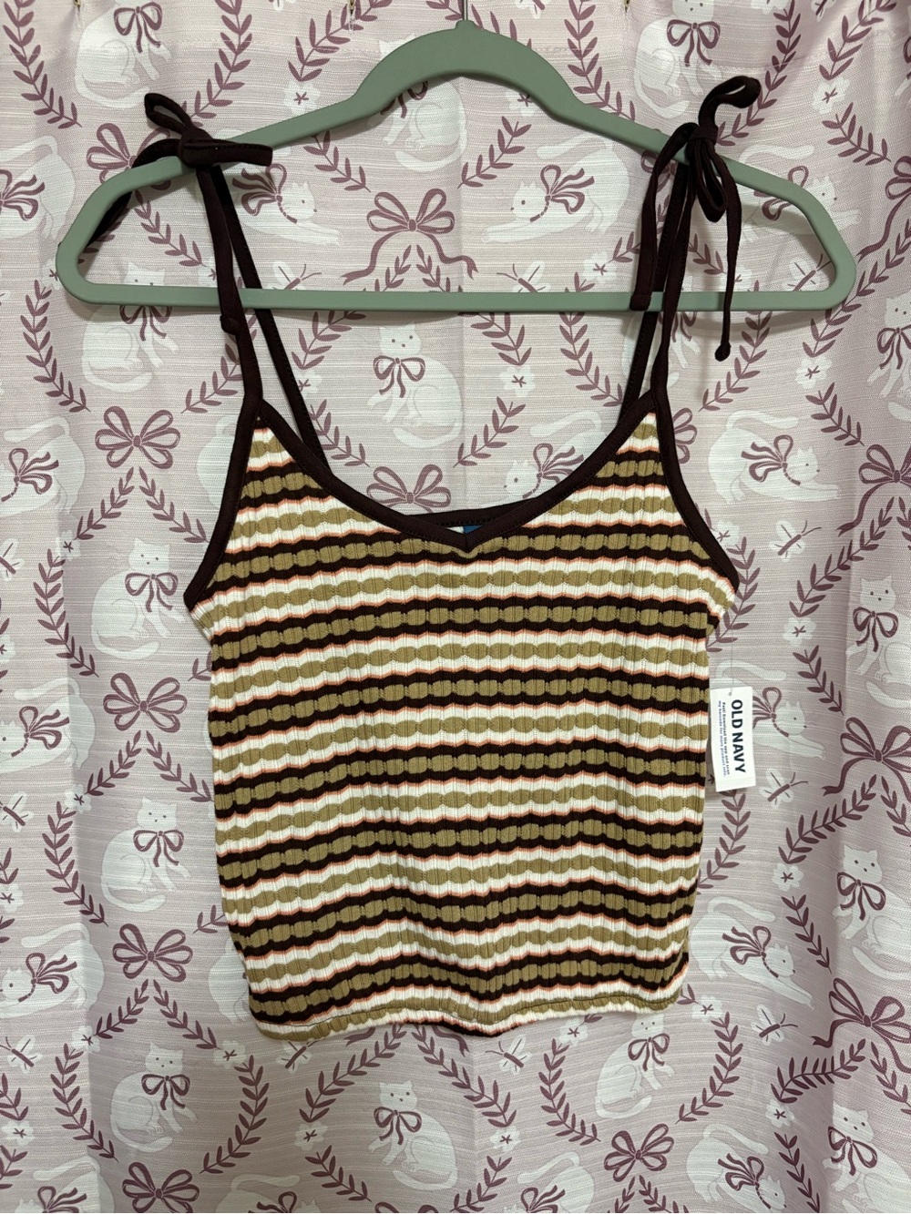 Old Navy Brown & Cream Striped Ribbed Tie-Shoulder Cami